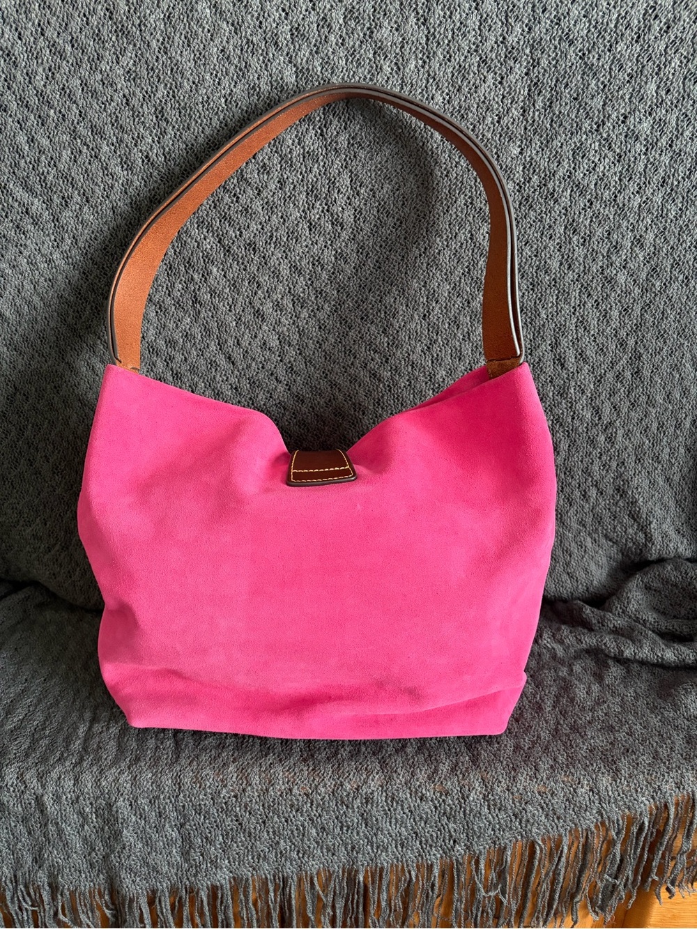 Dooney & Bourke Pink Suede Shoulder Bag with Brown Leather Trim - Picture 2 of 5